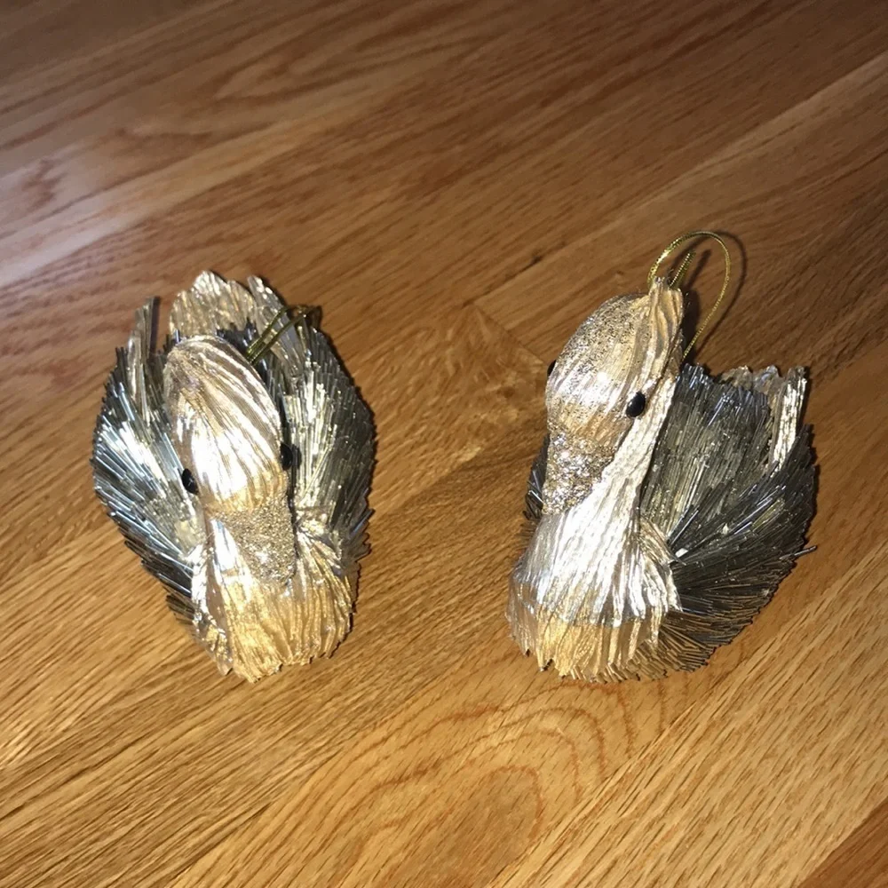 NWT Pair Anthropologie Gold Metallic Beaded Swan Ornaments